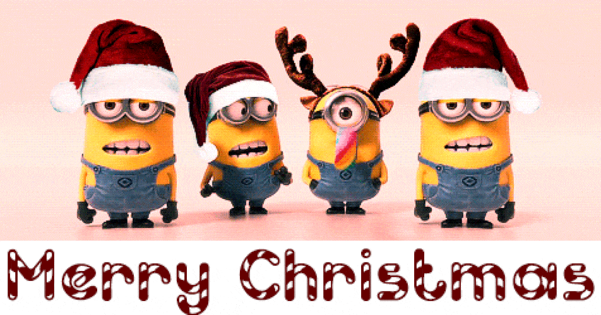 Gif of four minions with the caption Merry Christmas